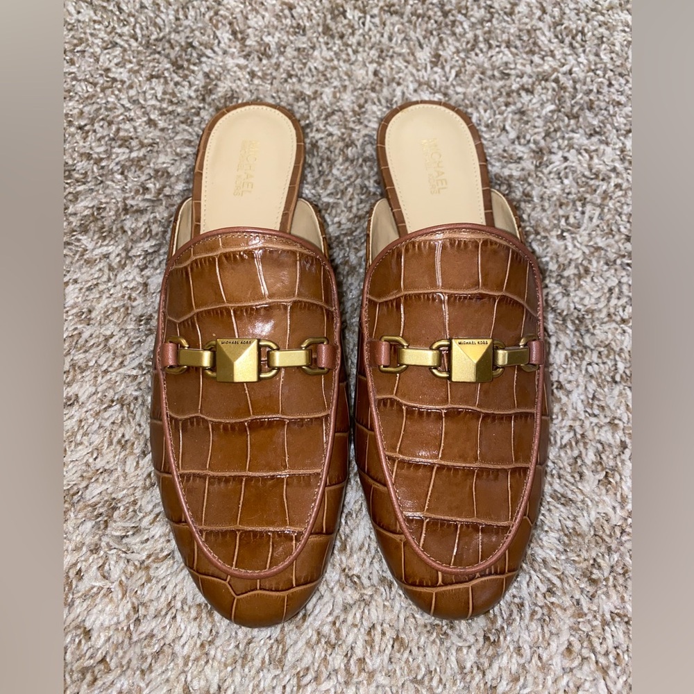 Michael Kors Brown Croc-Embossed Leather Backless Loafers with Gold Accent